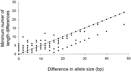 Fig. 3.—Minimum number of length mutations (based on the allele sequences) plotted against the size difference between alleles for 300 pairwise comparisons among all alleles sequenced from the Nkhata Bay samples