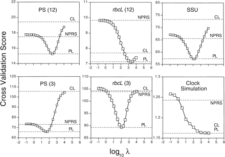 Fig. 1.—Cross-validation analysis for SSU, the two PS codon partitions, the two rbcL partitions, and for data set consisting of a simulated clocklike substitution process. The CV score is given by equation (5) . The horizontal dashed line labeled PL indicates the CV score for penalized likelihood under optimal smoothing. The dashed line labeled CL indicates the score for maximum likelihood estimation assuming a clock. The dashed line labeled NPRS indicates the score for the NPRS method (Sanderson 1997 ). The separate codon partitions for the PS data set are indicated by PS(12) for the first and second positions, PS(3) for the third positions, and similarly for rbcL