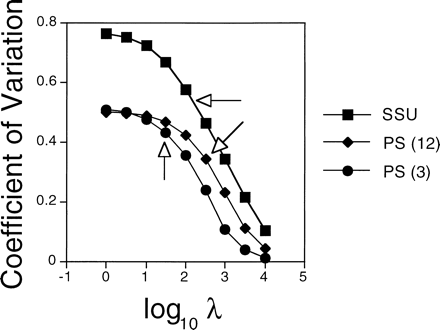 Fig. 2.—Variation in the absolute rates of substitution across lineages as a function of smoothing parameter. The coefficient of variation is the standard deviation divided by the mean. Optimal values based on cross-validation analysis are indicated by arrows (see fig. 1 )