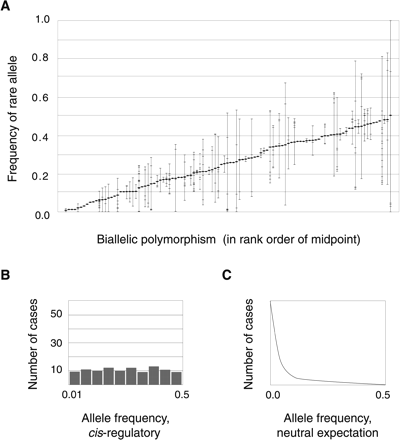 Fig. 3.—Rare allele frequencies for biallelic functional cis-regulatory polymorphisms in humans. A, Loci are ordered along the x-axis by the midpoints of the observed frequency range, as indicated by the diamond symbols. Each cross hatch represents a frequency estimate for a single study population, typically derived from a sample of hundreds of chromosomes. Complete sample details are available as supplementary material. B, The histogram of midpoint frequencies differs in shape from C, that expected under neutrality