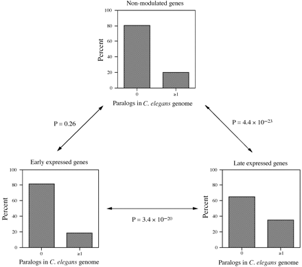 Fig. 3.—Proportion of paralogs showing significant similarity with genes in early, late, and nonmodulated expression classes in the C. elegans genome. Early-expressed genes have significantly fewer paralogs in the genome than late-expressed genes. Nonmodulated and early-expressed genes have a statistically similar distribution of paralogs