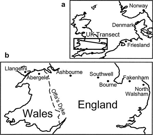 Fig. 1.—(a) Map of Britain and neighboring area. (b) Enlargement showing towns within Britain along east-west transect