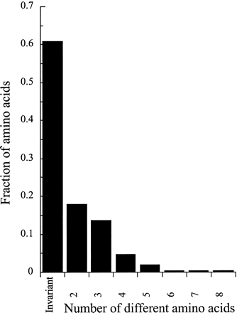 Amino acid diversity in exons 3 to 7 of 12 A. lyrataAly13 kinase set A sequences, showing the numbers of amino acid variants at individual codons. For exon 3, the numbers are based on the region for which both sets A and B can be aligned; the number of codons is smaller than for the region used to calculate the results in table 4, which considered set A alone