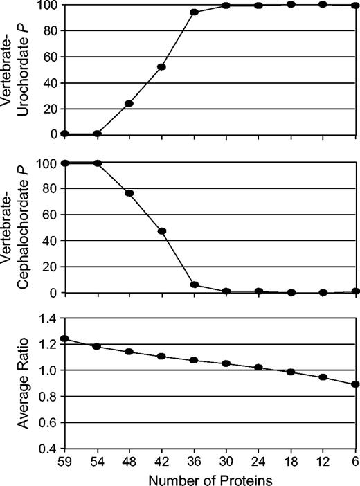 The effect on bootstrap support for alternative topologies as the ratio between the human-urochordate and human-cephalochordate pairwise distances decreases. Values on the left side of the graphs represent the original concatenation of 59 proteins as presented in fig. 1A. Proteins were then sequentially removed, and bootstrap support (P) for the vertebrate-urochordate (top) and vertebrate-cephalochordate (middle) topologies was evaluated. The average ratio was calculated for the proteins included in each data set (bottom).