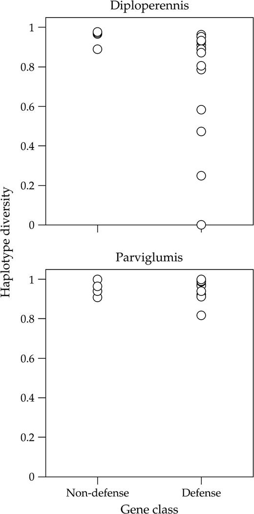 Haplotype diversity in defense and non-defense genes in Zea diploperennis and Zea mays ssp. parviglumis.