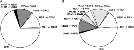 Hub–hub cross talk and target overlap in the yeast network. (A) Proportion of FFL motifs made by homolog pairs of regulators: more than 30% in total. Two pairs of regulators, Swi6–Swi4 and Mbp1–Swi6, are particularly prolific in the number of FFL circuits. (B) The pie chart shows the proportion of FFL motifs made by interactions between 2 regulatory hubs (out-degree > 80), in total 55% percent from the 334 motifs.