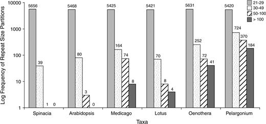 Histogram of repeat size frequency in Pelargonium and 5 other chloroplast genomes. Repeat size classes are 21–30, 31–50, 51–100, and >100 bp.