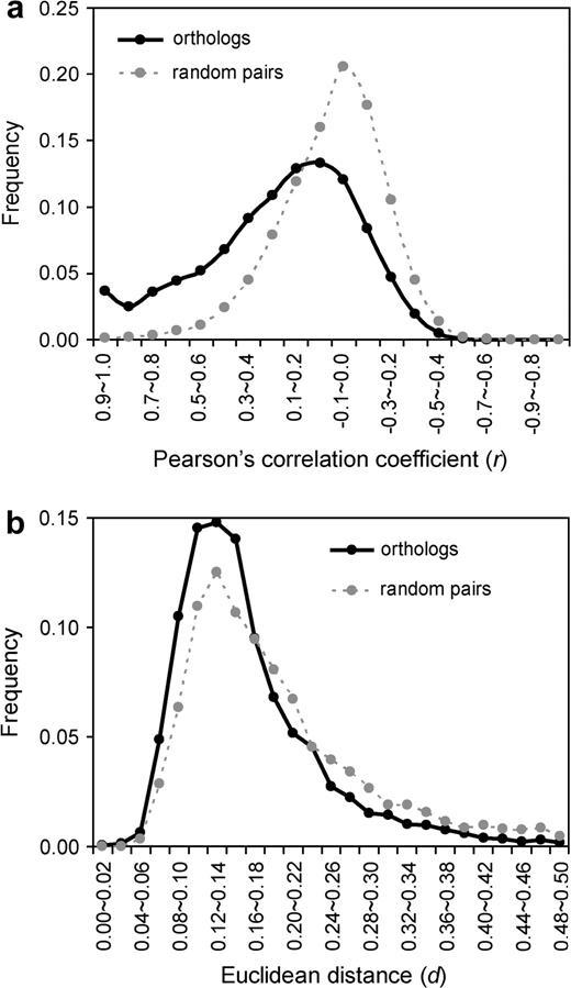Expression-profile divergences of orthologous genes and randomly paired genes from humans and mice. A total of 10,607 orthologous gene pairs and 10,607 random gene pairs are analyzed. Expression divergence is measured by (a) Pearson's correlation coefficient r and (b) Euclidean distance d. Both measurements show that the expression-profile divergence of human-mouse orthologs is significantly lower than that of random gene pairs (P < 10−280 for r and P < 10−151 for d; Mann-Whitney U test).