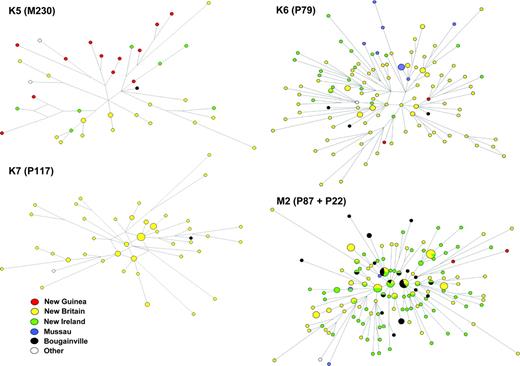 Median-joining microsatellite networks for 4 NRY haplogroups in Northern Island Melanesia. Nodes are color coded by island. The nodes are sized according to the number of individuals sharing that haplotype. Nodes consisting of haplotypes not present in the current sample are not shown.