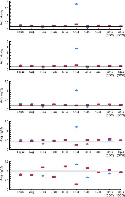 The average (Avg.) dN/dS values (ordinate) obtained in the computer simulation for the single-site analysis. The estimates using the CpG-adjusted method (red dots) assumed μti(CpG):μtv(CpG):μti(non-CpG):μtv(non-CpG) = 40:4:4:1, and the classical method (blue dots) calculation assumed μti(CpG):μtv(CpG):μti(non-CpG):μtv(non-CpG) = 4:1:4:1. The black line indicates the true value. The graphs are arranged in rows according to the true values of dN/dS (0.2, 0.5, 1.0, 2.0, and 5.0 from the top to the bottom). Labels in each graph indicate the procedures the ancestral sequence was generated (Equal: frequencies for 61 sense codons were assumed to be the same; Avg.: average codon frequencies over all human protein–coding genes were used; TCG, TGC, CTG, CGT, GTC, and GCT: TCG, TGC, CTG, CGT, GTC, or GCT was repeated, respectively; and CpG (CGC) and CpG (GCG): CpG was repeated and the ancestral codon was CGC or GCG, respectively).