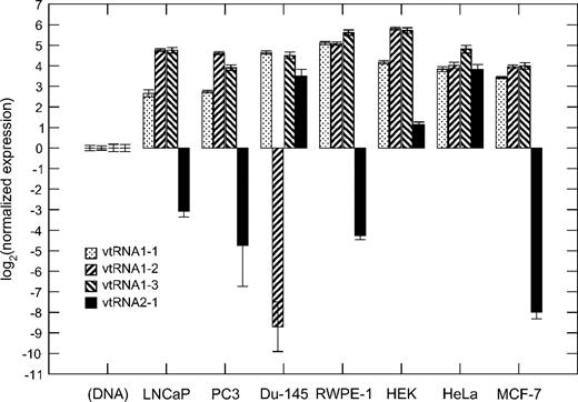 Expression of the four human vtRNA loci in five different cancer and two nontumor cell lines. Expression levels are normalized to a genomic DNA standard curve for each cell line.