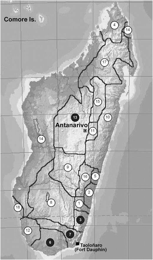 Geographic distribution of the 18 Malagasy ethnic groups: 1 (Antaifasy), 2 (Antaimoro), 3 (Antaisaka), 4 (Antankarana), 5 (Antambahoaka), 6 (Antandroy), 7 (Antanosy), 8 (Bara), 9 (Betsileo), 10 (Betsimisaraka), 11 (Bezanozano), 12 (Mahafaly), 13 (Merina), 14 (Sakalava), 15 (Sihanaka), 16 (Tanala), 17 (Tsimihety), and 18 (Vezo).