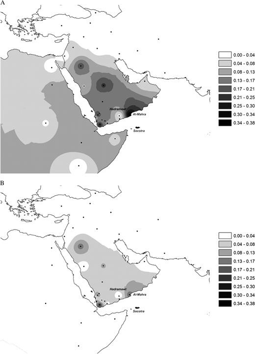 Interpolation maps for R0a (a) and R0a1a (b) haplogroups.