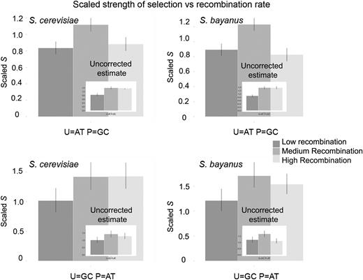 Corrected estimates of S (where P is the preferred/optimal codon and U is the unpreferred/optimal codon) for all GC-ending optimal codons (panels a and b) and all AT-ending optimal codons (panels c and d). Ninety-five percent confidence intervals generated by parametric bootstrapping are also shown. Corresponding estimates of S before correction for the action of BGC are inset into each panel.