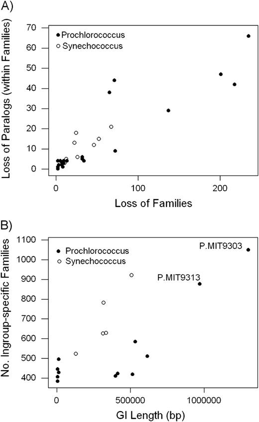 (A) Relationship between number of paralogs lost within families and number of families lost in phylogeny of Prochlorococcus (solid circles) and Synechococcus (open circles); r = 0.900; P < 0.001. (B) Relationship between the number of ingroup-specific families and GI length in Prochlorococcus (solid circles) and Synechococcus (open circles); r = 0.741; P = 0.001.