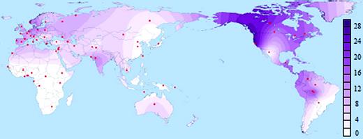 Worldwide distribution of B006 haplotype based on a sample of 6,092 X-chromosomes. Samples are listed in supplementary table S1, Supplementary Material online. Certain subpopulations were merged, when justified by their geographic proximity.