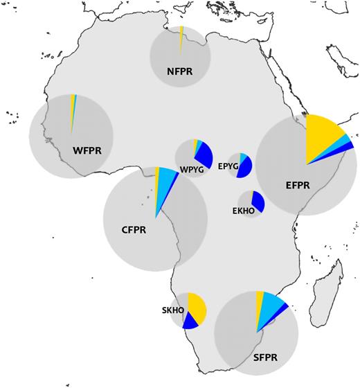 Frequencies of haplogroups A (yellow), B2a (light blue), and B2b (dark blue) in Africa. For details on specific populations included in these groups, please refer to the column “Group code” in supplementary table S8 (Supplementary Material online). NFPR, northern food producers; WFPR, western food producers; WPYG, western Pygmies; CFPR, central food producers; EPYG, eastern Pygmies; EKHO, eastern Khoisan speakers; EFPR, eastern food producers; SKHO, southern Khoisan speakers; SFPR, southern food producers.
