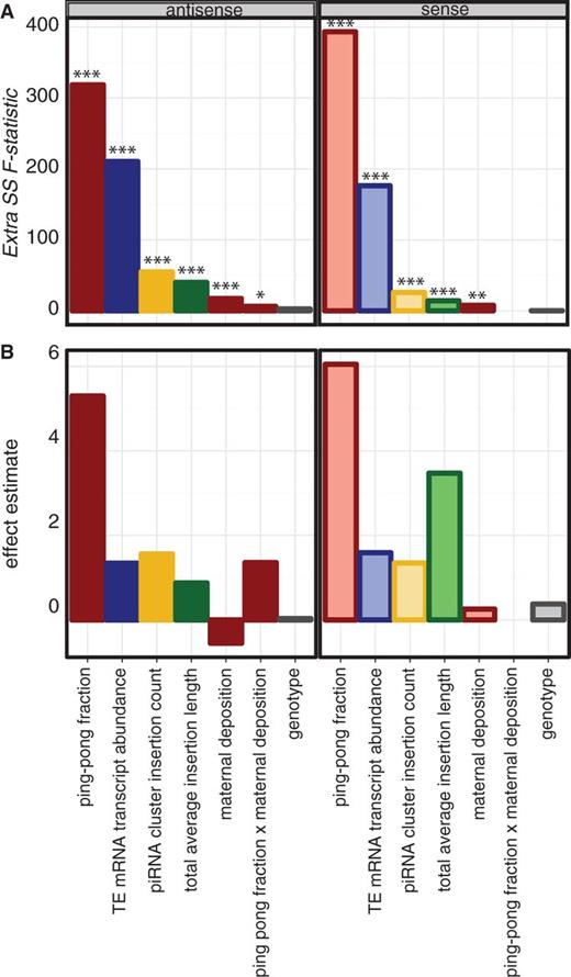 Multiple regression of TE-derived piRNA abundance. (A) Extra SS F-statistics and (B) effect estimates are reported for each variable in the best-fit multiple regression model of antisense (solid bars) and sense (light bars) piRNA abundace. Ping-pong fraction × maternal deposition denotes an interaction between these terms. Bar coloring is as in figure 1. *P < 0.05; **P < 0.01; ***P < 0.001.