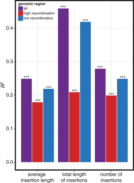 TE family abundance genome-wide is the strongest predictor of TE-derived piRNA abundance. R2 values for bivariate linear models of antisense TE-derived piRNA abundance are reported. Each model includes genotype (wK or w1118), as well as one of three estimates of the genomic abundance of a TE family: the average insertion length, the total length of all insertions, or the total number of insertions. Genomic abundance was considered separately in regions of high recombination (≥1 cM/Mbp, blue), low recombination (<1 cM/Mbp, red) and all genomic regions (purple). *P < 0.05; **P < 0.01; ***P < 0.001.