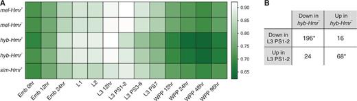 Developmental staging of samples based on ModENCODE data sets. (A) Shades in the heatmap represent correlation (Spearman’s ρ) of the samples to modENCODE developmental stages including embryos (Emb); first, second, and third larval instars (L1, L2, and L3); puff stages of L3 (PS); and white prepupae (WPP). (B) A total of 304 genes are different between hybrids (from fig. 1B) as well as between L3.12hr and L3.PS1-2. For these genes, the directions of change in the two comparisons are summarized. Numbers that are significantly higher than the genomic average are labeled (*P < 0.05, ***P < 0.0001; FET).