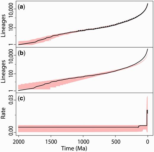 (1 column) Patterns of lineage diversification. (a) Cumulative lineages-through-time (LTT) curve for eukaryotes (50,455 sp.), in black, showing the number of lineages through time (unsmoothed, dashed; smoothed, solid) and variance (red, 500 replicates). (b) Same LTT curve (black line), but compared with a simulated constant-expansion LTT curve (λ (speciation rate) = 0.073 and μ (extinction rate) = 0.070) shown as ± 99% confidence intervals (red). (c) Diversification rate plot of same data showing only significant changes in rate as determined in maximum-likelihood tests; variance (red, 500 replicates) shown as ± 99% intervals.