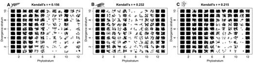 Correlation between phylostratum (PS) and divergence stratum (DS). Scatter plots of phylostratum versus divergence stratum over all genes. (A) Danio rerio. (B) Drosophila melanogaster. (C) Arabidopsis thaliana. Ka /Ks ratios for divergence stratum assignment are derived from orthologous genes between Da. rerio and Astyanax mexicanus (A), D. melanogaster and D. simulans (B) and A. thaliana and A. lyrata (C). Kendall τ values denote the Kendall rank correlation coefficients quantifying the degree of linear dependence between PS and DS in a nonparametric manner. All Kendall τ values are significant (P < 2.2e-16) using Kendall’s τ test of no correlation.