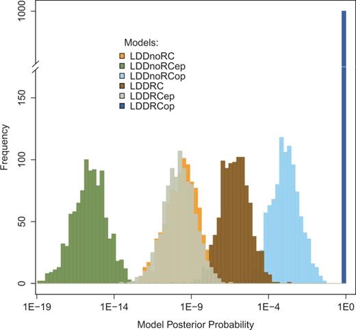 Distributions of the posterior probabilities of the six scenarios involving LDD (LDDRC, LDDRCep, LDDRCop, LDDnoRC, LDDnoRCep, andLDDnoRCop) obtained over the 1,000 bootstrap observed data sets. Model posterior probabilities were computed using the multivariate logistic regression (Beaumont 2008) on the 10% best simulations (closest to the empirical data) among 20,000 simulations per evolutionary scenario.