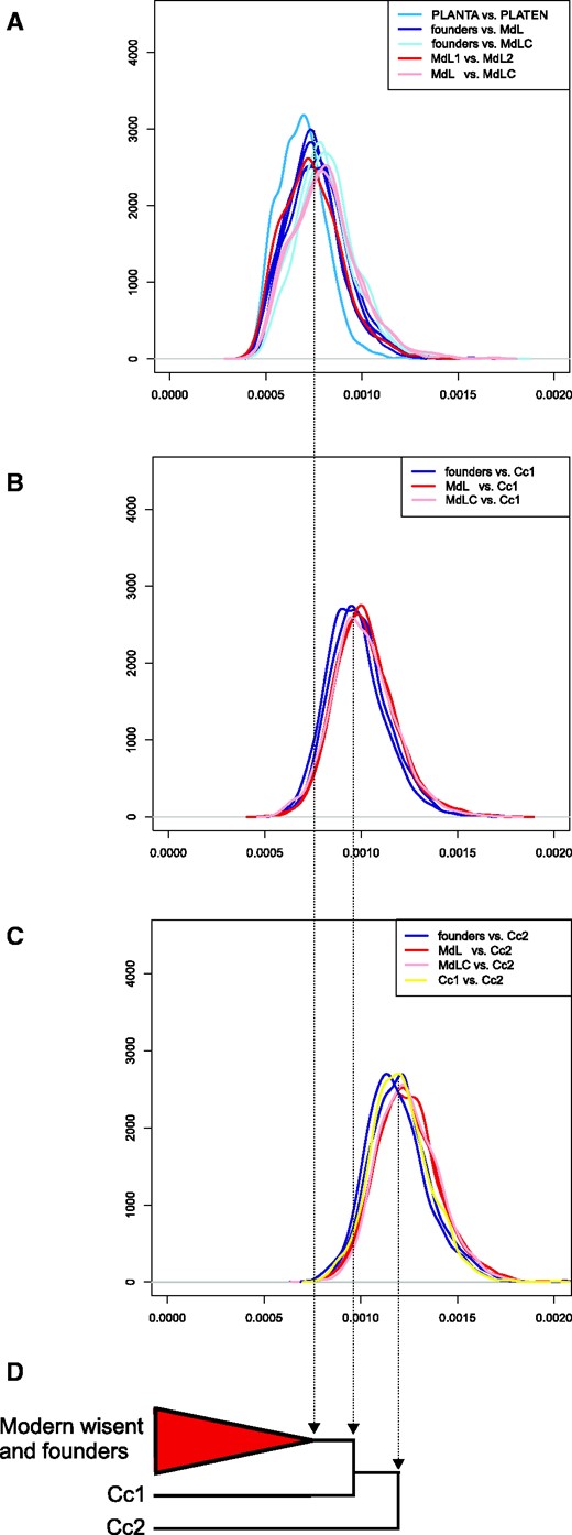 Pairwise genomic divergence among wisent. A, B,
C, show probability densities for pairwise transversion divergence
(x axes) along a sliding window of 1 Mb.
Individual plots show all pairwise comparisons among modern and
founding individuals (A); comparisons of modern and
founding individuals and Caucasian wisent Cc1 (B);
and comparisons of Caucasian wisent Cc2 and all other individuals
(C). Specific comparisons discussed in the text
are identified by colors, according to the key at the top right of
each plot. Schematic neighbor-joining phylogeny based on whole
genome distances (D).