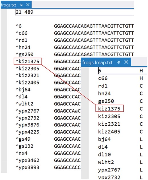 The sequence data file (frogs.txt) and the Imap file (frogs.Imap.txt). In the sequence file each sequence is tagged with an individual/specimen ID (such as kiz1375, for Kunming Institute of Zoology #1375). The part of the sequence name before the caret (^) is read and then ignored. In the Imap file each individual is assigned to a species/population: for example, individual kiz1375 is assigned to species C.