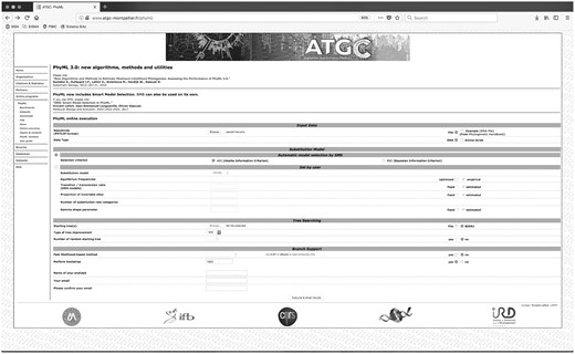 PhyML 3.0 page overview. The data set (passerines.phy) has been included for analyses. Once the bootstrap test is selected, a window opens allowing the user to enter the number of replicates.