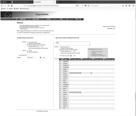 RogueNaRok results page. Four different runs of the program were executed and the results are shown in the four columns. Eupetes and Petroica were considered rogues.