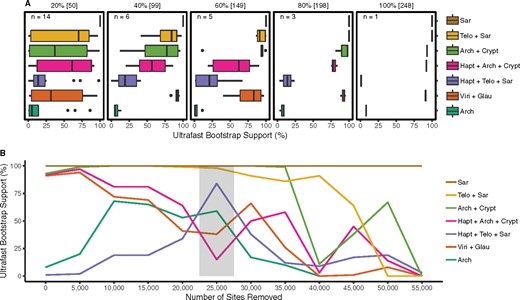 Gene subsampling and fast-evolving sites removal analyses. (A) UFBoot approximation for selected nodes of interest using the full supermatrix (100%) and subsets of randomly sampled genes (20–80%; see Materials and Methods). The variability of support values is shown by Box-and-Whisker plots. (B) UFBoot approximation UFBoot for the same nodes as in (A) using the full supermatrix (0 sites removed) and subsets from which fast-evolving sites were removed in 5,000 increments (see Materials and Methods). The gray box indicates the reduced data set which recovered a different position for Haptista. Arch, Archaeplastida; Crypt, Cryptista; Glau, Glaucophyta; Hapt, Haptista; Telo, Telonemia; Viri, Viridiplantae.