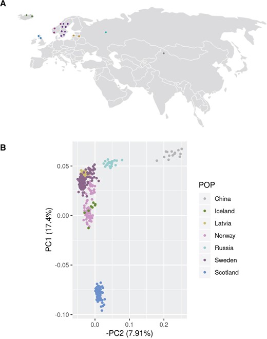 Populus tremula collection. (A) Sampling sites across the Eurasian continent. (B) Principal component analysis of P. tremula individuals, using 283,505 pruned sites across the 19 chromosomes. The principal component analysis shows evidence for at least three independent clusters of individuals, one corresponding to samples of Chinese origin, another comprising all samples collected across continental Europe and a third comprising samples collected on the British Isles (primarily Scotland).