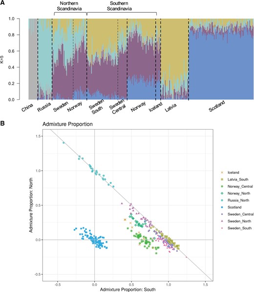 Population structure and admixture proportion. (A) NGSadmix plot (K = 5) showing the hybrid genetic background of the European populations. (B) Admixture plot (EIGMIX) where the Russian, Scottish and Latvian populations where selected as proxies of the ancestral postglacial gene-pools in Europe and thus, are located at the vertices of the plot. The remaining samples were positioned according to their level of admixture along the sides of the triangle.