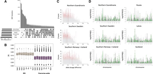 Balancing selection signal in Populus tremula. (A) We obtained the β-scores for each hybrid and the putative ancestral populations using betascan. At a significance threshold of FDR < 0.01 in each population, we calculated the intersection of SNPs and identified 4K sites shared by all the six groups. (B) Comparison of genetic diversity π between BS regions and genome-wide values. The BS regions are defined as those 10-kb chromosome bins with at least 15 BS sites belonging to the 4K set. (C) Relationship between β-scores and ADD in the hybrid populations. Blue lines show the average ADD whereas red lines the q0.75 cutoff. β-Scores are colored following a gray–red gradient according to their significance (FDR). (D) Manhattan plots showing balancing selection signals in the hybrid and ancestral populations. The plots are built with BS significant sites (FDR < 0.01) from each population; in green, we highlight those 1,248 sites that are shared between all the evaluated groups that do not show high ADD in the hybrid populations.