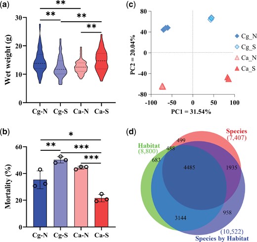Phenotypic and transcriptomic divergence between the northern Crassostrea gigas and southern C. angulata. (a) Wet weight and (b) mortality postheat stress of 10-month-old F1 progeny of C. gigas and C. angulata from northern and southern habitats. (c) Principal component analysis (PCA) plot of transcriptional expression of the two species in northern and southern habitats. (d) Venn diagram of the number of genes that were differentially expressed due to species, habitat, and their interactions. Overlaps indicate genes differentially expressed under multiple factors. Ca, C. angulata; Cg, C. gigas; N, northern habitat; S, southern habitat. Cg_N and Ca_S indicate oysters in their native habitats. Asterisks indicate significant differences (*P < 0.05, **P < 0.01, and ***P < 0.001). Error bars represent SD values.