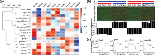 Association analysis between eigengene expression and qualitative traits. (a) Clustering of module eigengenes and heat maps of module–trait correlations. Number in parentheses is the number of genes in each module. Blue indicates a negative correlation and red indicates a positive correlation. Pearson’s R is reported for significant correlations (P < 0.05). “species,” “habitat,” “native,” “NtoN,” “NtoS,” “StoS,” “StoN,” “normal,” “heat6h,” and “heat24h” are binarily coded categorical traits, indicating the species (Crassostrea gigas = 1, C. angulata = 0), habitat (north = 1, south = 0), oysters cultured in the native (1) or nonnative (0) site, northern species cultured in the north (1, otherwise 0), northern species cultured in the south (1, otherwise is 0), southern species cultured in the south (1, otherwise 0) and southern species cultured in the north (1, otherwise 0), oysters were not stressed (1, otherwise 0), oysters were heat stressed for 6 h (1, otherwise 0) and for 24 h (1, otherwise 0), respectively. (b) Expression of candidate genes in black eigengene module that associated with species. The top panels are heatmaps of all genes assigned to black module in each individual. E and O indicate culturing and origin environments (north, blue; south, red), respectively. 0, 6, and 24 indicate unstressed, thermal stressed for 6 and 24 h, respectively. The bottom panels show the expression of eigengenes in each individual. (c) Plastic changes of eigengene expression of four modules in two oyster species in response to environmental transplantation. Uppercase S and N indicate southern and northern oyster species and lowercase s and n indicate south and north environments, respectively. Nn and Ss indicate oysters in their native habitats. Error bars represent SD values.