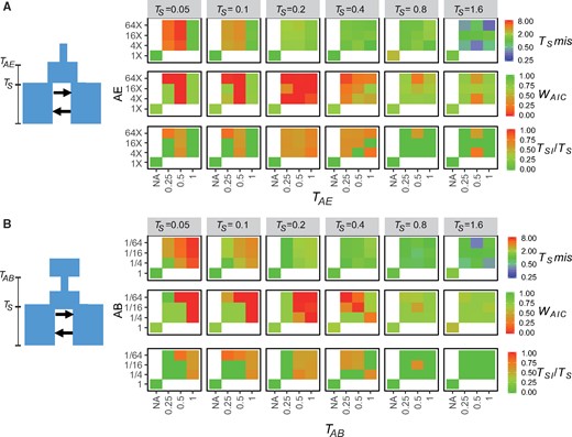 Effect of unmodeled demographic changes in the ancestral population on model choice and parameter estimates. In this figure, we report biases in model choice and parameter estimation of simple IM and SC models for IM simulations with TS=0.05−1.6 including an ancestral demographic expansion (A) and an ancestral bottleneck followed by expansion (B). On the left of panels (A) and (B) is a graphical representation of the simulation model. In panel (A), the y axis represents the ancestral population size after the expansion as a multiplier of its size preceding the expansion, and the x axis represents the time before TS at which the ancestral expansion happened (TAE). In panel (B), the y axis represents the size of the ancestral population after contraction as fraction of the population size preceding contraction and the x axis represents the time before TS at which the ancestral bottleneck happened (TAB). Times are given in units of 4NREF generations. For (A) and (B) and for each simulated TS, we present the misestimation of TS (TSmis=TSestimated/TSsimulated), the weight of evidence (WAIC) for the correct (IM) gene flow scenario as well as the estimated time of strict isolation as a proportion of total divergence time (TSI/TS). In each graph, the bottom-left square represents estimates for simulations with no ancestral changes in Ne.