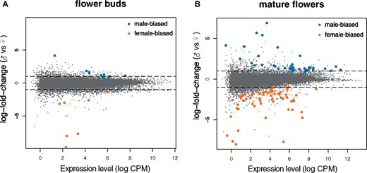 Sex-biased gene expression pattern at two different flower development stages of Solanum appendiculatum. Differentiation gene expression between male and female flowers in (A) flower buds, and (B) mature flowers.