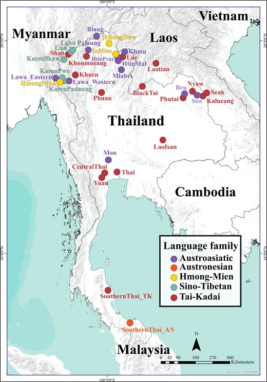 Map showing the location of the 36 Thai/Lao ethnolinguistic groups analyzed in this study, color-coded according to language family.