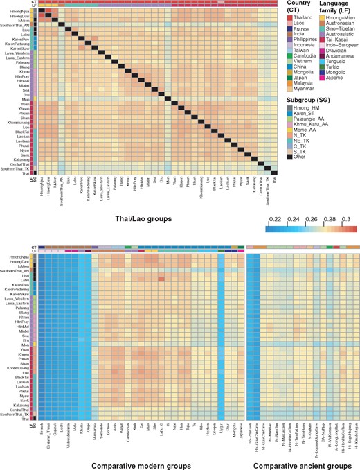 Population allele sharing profiles based on f3 statistics. Heatmap of outgroup f3 statistics (Thai/Lao groups, X; Mbuti) among Thai/Lao groups (upper) panel, and between Thai/Lao and other comparative modern Asian populations and ancient samples (lower). Black blocks denote missing values. The two colored bars at the top of the plot indicate the country (top) and language family (bottom) for each comparative population; and those on the side indicate language family (left) and subgroup (right) for each Thai/Lao group, according to the key at the right.