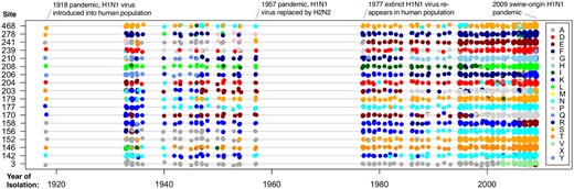 Pattern of amino acid substitution in PPS sites of human influenza (H1N1) HA protein between 1918 and 2009. The penalty on Zk is λ=0.001. Each colored dot represents a particular amino acid as indicated in the legend.