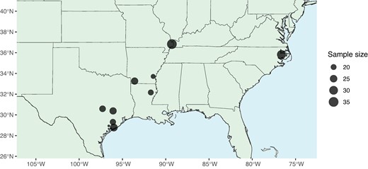 Individual sampling effort at 10 sites in 2019. Sample site information is detailed in supplementary table S1, Supplementary Material online.
