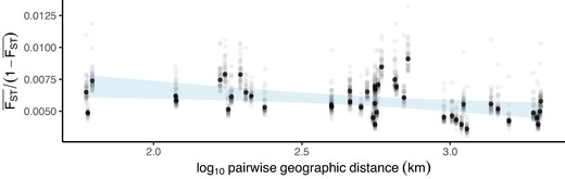 Low genetic differentiation irrespective of geographic distance among nonadmixed H. zea. Pairwise genetic differentiation regressed on pairwise geographic distance for each of 45 possible comparisons among 10 sample sites. Gray points are results for each of 31 chromosomes; black points are autosome-wide averages. Genetic differentiation was calculated as mean FST across 20 kbp windows. Confidence intervals show standard error around the linear model. There is no signal of isolation-by-distance.