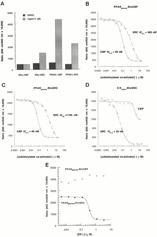 Analysis of the Interaction Affinities between Nuclear Receptor Coactivators by HTRF A, PPARγ interacts with both CBP and SRC-1 while ERα does not interact with CBP. Experimental conditions were the same as described in the legends to Figs. 2 and 4. The ligands (1 μm each) were E2 for ERα and TZDA for PPARγ. Unbiotinylated CBP and SRC-1 were used to compete for interactions of PPARγ with biotinylated-CBP (B), PPARγ with biotinylated-SRC-1 (C), and ERα with biotinylated-SRC-1 (D). E, Unlabeled full-length ERα was used to compete for interactions of PPARγ with biotinylated-CBP (○) and biotinylated-SRC-1 (•). The concentrations of other components are the same as described in legends to Figs. 2 and 4. The experiment was repeated three times with similar results.