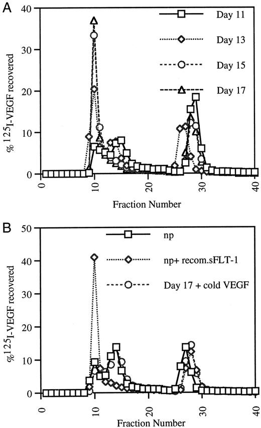 Sephacryl S-200 Gel Filtration Chromatography The peak at fraction 10 is the complexes of [125I]VEGF and the VEGF-binding activity, and the peak around fraction 14 is[ 125I]VEGF and BSA complexes. Free VEGF produces a peak around fraction 28. np, Serum from nonpregnant mice.