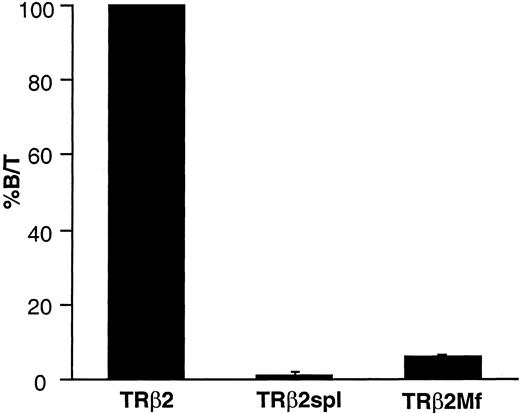 T3-Binding Activity of the Wild-Type TRβ2, TRβ2spl, and TRβ2Mf Wild-type TRβ2, TRβ2spl, or TRβ2Mf was transfected into CV-1 cells. Nuclear extracts were prepared and incubated with 125I-T3 as described in Materials and Methods. Bound and free 125I-T3 were separated, and the ratio between the bound and total T3 (B/T) was calculated. The specific T3 binding was obtained by subtracting the nonspecific binding determined in the incubation mixture containing a 10,000-fold excess of nonlabeled T3. The value of T3-binding activity of the wild-type TRβ2 is expressed as 100%. The data are represented as the mean ± sd of four samples.