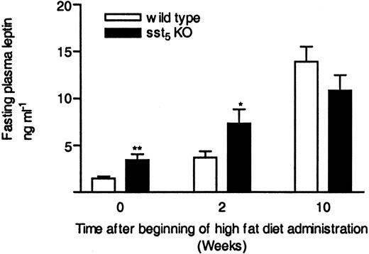 Plasma Leptin Levels in WT and sst5 KO Mice Fed a High-Fat Diet Male WT and sst5 KO mice were fed a high-fat diet (36% wt/wt, 58.4% kcal %) ad libitum and fasted overnight, and blood was collected from retroorbital plexus into heparinized tubes. Leptin levels are expressed as nanograms per milliliter in plasma. Each data point represents a mean of 17–27 animals (±sem); *, P < 0.05; **, P < 0.01.