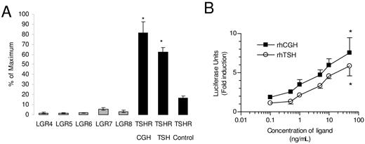 CGH Is a Ligand for the TSHR A, BHK cells containing the TSHR are represented by the black bars. rhCGH and rhTSH activate luciferase activity in BHK cells transfected with the TSHR. rhCGH does not activate BHK cells transfected with the LGRs 4–8 (gray bars). Each bar represents the mean ± sd of five to six determinations. Differences were significant (*, P = 0.0086) relative to treatment with vehicle alone. B, BHK cells containing the TSHR were treated with the indicated concentration of either rhTSH or rhCGH. Each data point represents the mean ± sd of six determinations. Differences were significant (*, P < 0.0001) relative to treatment with vehicle alone.