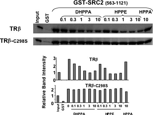 Mutation at Cys298 Abolishes the Sensitivity of TRβ to DHPPA Inhibition SDS-PAGE gel showing quantities of in vitro-translated T3-liganded TRβ or the mutant TRβ C298S retained in pull-down assays using bacterially expressed GST-SRC2 (amino acids 563-1121) at 3 μg per assay. Binding is shown in assays performed with increasing concentrations (micromolar) of DHPPA, HPPE, or the control inactive compound HPPA.